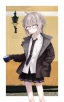  1girl absurdres bespectacled black_gloves black_necktie black_skirt border breast_pocket brick_road brown_jacket character_name closed_mouth commentary_request cowboy_shot cup english_commentary english_text girls'_frontline glasses gloves grey_hair hand_in_pocket highres holding holding_cup ilea_blanche jacket lamp long_hair looking_at_viewer m200_(girls'_frontline) mixed-language_commentary necktie open_clothes open_jacket open_mouth outdoors outside_border pleated_skirt pocket purple_eyes skirt solo white_border 