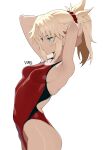 1girl absurdres adjusting_hair arched_back armpits arms_up artist_name blonde_hair braid breasts commentary covered_navel english_commentary expressionless fate/apocrypha fate_(series) from_side green_eyes hair_ornament hair_scrunchie half-closed_eyes half_up_braid highleg highleg_one-piece_swimsuit highres medium_breasts mordred_(fate) one-piece_swimsuit photo-referenced ponytail red_one-piece_swimsuit red_scrunchie scrunchie short_ponytail simple_background solo swimsuit thighs v-shaped_eyebrows wade_0w0 white_background 
