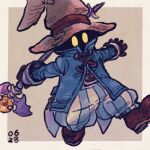  1boy bad_id bad_pixiv_id black_mage_(final_fantasy) blue_coat boots brown_boots coat dated final_fantasy final_fantasy_ix gloves grey_background hat highres holding holding_staff male_focus nobu_(25mark) outstretched_arms pants solo staff striped_clothes striped_pants vivi_ornitier walking winged_weapon witch_hat yellow_eyes 