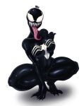  2018 absurd_res alien biped breasts camel_toe darknud digital_media_(artwork) female hi_res humanoid long_tongue mammal marvel not_furry open_mouth sharp_teeth she-venom simple_background solo spider-man_(series) spread_legs spreading symbiote teeth tongue tongue_out venom_(marvel) white_background 