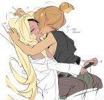  2girls black_tank_top blonde_hair blush brown_hair brown_pants cookie_run cookie_run:_ovenbreak croissant_cookie dark-skinned_female dark_skin ear_blush green_pants heart highres kiss korean_text long_hair multiple_girls ohta_guk_hip open_clothes open_shirt pants ponytail shirt short_ponytail simple_background tank_top timekeeper_cookie translation_request undressing_another white_background white_shirt yellow_eyes yuri 