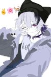  :3 :p ;3 ;p absurdres beanie black_choker black_hat black_nails black_streaks cat_emoji choker coat commentary_request derivative_work emoji flower_(vocaloid) flower_(vocaloid4) flower_emoji hat he1u_0831 highres looking_at_viewer multicolored_hair one_eye_closed purple_coat purple_eyes purple_hair purple_shirt shirt sleeveless sleeveless_shirt streaked_hair tongue tongue_out v vocaloid 
