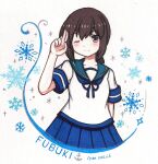  1girl anchor artist_name blue_neckerchief blue_sailor_collar blue_skirt blush brown_eyes brown_hair character_name collarbone commentary_request cowboy_shot dated double-parted_bangs fubuki_(kancolle) hair_between_eyes hand_up highres kantai_collection long_hair looking_at_viewer low_ponytail marker_(medium) neckerchief one_eye_closed paper_texture photo_(medium) pleated_skirt ponytail sailor_collar salute school_uniform serafuku shirt short_sleeves sidelocks simple_background skirt smile snowflakes solo sparkle traditional_media two-finger_salute white_background white_shirt xiaoyue_cyan 