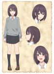  1girl absurdres black_skirt blush brown_hair brown_shoes commentary english_commentary grey_sweater highres kneehighs long_hair mole mole_under_eye multiple_expressions open_mouth original pleated_skirt reference_sheet shoes skirt socks solo sweater tetsuffy_(tetsulul) 