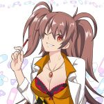  1girl :d ;d bandaid black_bra bra breasts brown_hair cleavage clenched_teeth coat collarbone commentary dr._arach gem grin hair_between_eyes hand_up head_tilt heart hirakawa holding holding_syringe jewelry lab_coat large_breasts long_hair looking_at_viewer necklace one_eye_closed open_clothes open_coat orange_eyes orange_shirt red_gem shirt sidelocks smile solo syringe teeth tsukihime tsukihime_(remake) two_side_up unbuttoned unbuttoned_shirt underwear upper_body white_background 