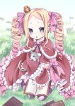  1girl beatrice_(re:zero) blonde_hair blue_eyes book butterfly-shaped_pupils capelet cat commentary_request crown dress drill_hair fur-trimmed_capelet fur_trim grass highres long_hair maron_cake mini_crown open_mouth outdoors pantyhose puck_(re:zero) re:zero_kara_hajimeru_isekai_seikatsu sidelocks sitting solo striped_clothes striped_pantyhose symbol-shaped_pupils twin_drills 