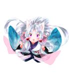  1girl :3 :d absurdres blue_kimono breasts clenched_hands edomura_niniko from_above full_body gradient_clothes gradient_kimono hands_up highres japanese_clothes kimono large_breasts long_hair long_sleeves looking_at_viewer official_art open_mouth parted_bangs pink_eyes ponytail simple_background smile solo standing touhoku_itako transparent_background very_long_hair voiceroid white_hair white_kimono wide_sleeves 