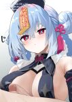  1boy 1girl areola_slip astral_party bare_shoulders black_dress black_hat blue_hair blush braid braided_hair_rings breast_curtains breasts censored cleavage commentary_request detached_sleeves double_bun dress erection haiqing_(astral_party) hair_bun hair_ornament hair_rings hat hetero imminent_paizuri jiangshi_costume large_breasts long_hair looking_at_viewer ofuda ofuda_on_head oza_osuwari penis qingdai_guanmao red_eyes tassel tassel_hair_ornament 