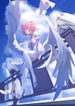  1girl absurdres bare_shoulders bird blue_sky breasts cleavage cloud commentary_request contrail detached_sleeves dove dress ekidona feathered_wings fence from_below from_side full_body hair_intakes hair_ornament high_heels highres knee_up large_breasts long_sleeves looking_at_viewer low_wings mechanical_wings medium_hair mole mole_on_breast multiple_wings on_fence pink_eyes pink_hair pointy_ears purple_nails remielle_dan sitting sitting_on_fence sky smile solo star_(symbol) star_hair_ornament thighhighs white_dress white_sleeves white_thighhighs white_wings wings zenless_zone_zero 
