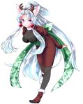  1girl :3 absurdres animal_ear_fluff animal_ears antlers black_pantyhose boots breasts covered_collarbone dress edomura_niniko fake_horns fox_ears fox_girl full_body fur-trimmed_boots fur_trim green_sash hairband highres horn_hairband horns juliet_sleeves large_breasts leaning_forward long_hair long_sleeves looking_at_viewer obi official_art pantyhose parted_bangs parted_lips pink_eyes ponytail puffy_sleeves red_boots red_dress reindeer_antlers sash see-through_cleavage see-through_clothes simple_background solo standing standing_on_one_leg touhoku_itako transparent_background very_long_hair voiceroid white_hair 
