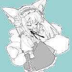  1girl absurdres animal_ear_fluff animal_ears arknights blue_background blunt_ends cardigan chinese_commentary closed_eyes commentary_request cowboy_shot facing_viewer fox_ears fox_girl fox_tail frilled_hairband frills greyscale_with_colored_background hairband hand_up highres kitsune long_hair long_sleeves monochrome multiple_tails neck_ribbon official_alternate_costume open_mouth ribbon shirt shuiqi_(mihuashi_9908000) simple_background skirt solo standing suzuran_(arknights) suzuran_(spring_praise)_(arknights) tail 