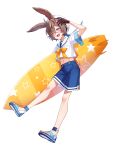  1boy animal_ears full_body gloves hat highres hinase_chiyoko mitomaru_zed navel official_art rabbit_ears ribbon root_eden sandals school_uniform serafuku simple_background surfboard swimsuit transparent_background 