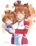  1girl animal_ears aston_machan_(umamusume) blush bow bowtie breasts brown_hair commentary crown cutie_(umamusume) doll ear_scrunchie hair_between_eyes hair_ornament hair_scrunchie highres holding holding_doll horse_ears horse_girl jacket large_breasts leoh_fng long_sleeves mini_crown open_mouth pants pleated_skirt puffy_short_sleeves puffy_sleeves purple_bow purple_bowtie purple_shirt red_jacket red_pants red_scrunchie sailor_collar sailor_shirt school_uniform scrunchie shirt short_sleeves skirt smile solo tracen_school_uniform tracen_training_uniform track_jacket umamusume white_shirt white_skirt 