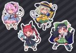  :d ;d arm_cannon arm_up asymmetrical_footwear bird_wings black_background black_bow black_dress black_hair black_shoes black_wings blue_shirt bow braid cape cat_tail chest_eye chibi commentary_request disembodied_linked_eye dress fang full_body green_eyes green_hair green_skirt hair_bow hat hat_ribbon heart heart_of_string hitodama index_finger_raised kaenbyou_rin komeiji_koishi komeiji_satori leg_up long_hair looking_at_viewer medium_hair mismatched_footwear multiple_tails one_eye_closed pink_eyes pink_hair pink_shoes pink_skirt red_eyes reiuji_utsuho ribbon shi_ppo_no shirt shoes short_hair side_braids skirt smile socks striped_background tail touhou twin_braids two_tails weapon white_shirt white_socks wings yellow_ribbon yellow_shirt 