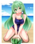  1girl absurdres alternate_costume beach blue_one-piece_swimsuit blue_sky breasts cleavage cloud commentary_request day food frog_hair_ornament fruit green_eyes green_hair hair_between_eyes hair_ornament hair_tubes highres kneeling kochiya_sanae large_breasts long_hair looking_at_viewer muki_(munikichan) ocean one-piece_swimsuit open_mouth sand school_swimsuit single_hair_tube sky smile snake_hair_ornament solo swimsuit thighs touhou very_long_hair water watermelon 
