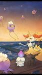  animal_ear_fluff black_fur braixen commentary_request drifloon fire highres letterboxed litwick matata multicolored_fur open_mouth outdoors pier pokemon pokemon_(creature) purple_fire red_eyes sunset tail water white_fur yellow_fur 