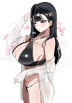  1girl absurdres bikini black_bikini black_hair blunt_bangs breasts cleavage curvy gyaru hair_intakes hair_ornament hairclip halterneck highres jewelry large_breasts long_hair necklace o-ring o-ring_bikini o-ring_top original pazzimo string_bikini swimsuit yewon_(pazzimo) 