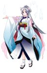  1girl absurdres animal_ear_fluff animal_ears black_sandals black_sash blue_kimono closed_mouth edomura_niniko fox_ears fox_girl full_body gradient_clothes gradient_kimono highres japanese_clothes kimono long_hair long_sleeves looking_at_viewer nhk_(voiceroid) obi official_art okobo outstretched_arm parted_bangs pink_eyes platform_sandals ponytail sandals sash simple_background smile socks solo standing tabi touhoku_itako transparent_background very_long_hair voiceroid white_hair white_kimono white_socks wide_sleeves 