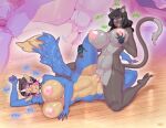  2girls black_hair blue_eyes blush breasts cat_girl cat_tail commentary earrings english_commentary furry furry_female furry_with_non-furry grabbing_own_breast green_eyes hand_on_another's_thigh highres horns interspecies jewelry kimaru_nodeka large_breasts mewpan multicolored_hair multiple_girls navel necklace nipples nude open_mouth original pink_hair pussy pussy_juice single_horn smile tail tribadism vulyxia_(varnaabsolute) wooden_floor yuri zoom_layer 