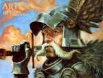  1boy armor battle_damage brown_eyes chainmail cloud cloudy_sky commentary cross darkos_art dated empire_(warhammer_fantasy) english_commentary facial_hair fur_trim gauntlets grey_hair helmet holding holding_sword holding_weapon iron_cross knight kurt_helborg mustache oil_painting_(medium) painting_(medium) skull sky solo sword traditional_media upper_body warhammer_fantasy weapon white_beard winged_helmet 