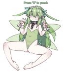  1girl bangs bare_legs bare_shoulders barefoot black_souls bright_pupils chain closed_mouth collar collarbone colored_eyelashes covered_navel double_v english_text eyebrows_visible_through_hair fairy fairy_wings flat_chest full_body green_eyes green_hair green_leotard green_wings hair_between_eyes hands_up highres leaf_(black_souls) leotard long_hair maid_headdress no_nose nyong_nyong pointy_ears sidelocks simple_background smile solo spread_legs strapless strapless_leotard two_side_up v white_background white_pupils wings wrist_cuffs 