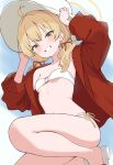  1girl :d absurdres ahoge bikini blonde_hair blue_archive breasts commentary_request from_below grin halo hand_on_own_hat hat highres jacket kurumi_kororin legs looking_at_viewer low_twintails multiple_hair_ribbons navel o-ring o-ring_bikini open_clothes open_jacket red_jacket sandals side-tie_bikini_bottom small_breasts smile solo swimsuit thighs twintails two-tone_background v-shaped_eyebrows white_bikini white_hat yellow_eyes yellow_halo yoshimi_(blue_archive) 