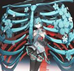  1girl adapted_hairstyle aqua_eyes aqua_flower aqua_hair aqua_necktie aqua_trim artist_name bare_shoulders black_skirt black_sleeves black_thighhighs bone chinese_commentary closed_mouth commentary_request detached_sleeves dot_nose flower flower_request hair_between_eyes hands_on_own_chest hatsune_miku highres kieed looking_at_viewer necktie number_tattoo pleated_skirt revision ribs shirt shoulder_tattoo signature skirt sleeveless sleeveless_shirt solo spinal_cord tattoo thighhighs vocaloid white_flower wide_sleeves 