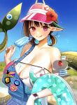  1girl absurdres badge bare_shoulders bikini biscione_(fate) biscione_(swimsuit_caster)_(second_ascension)_(fate) blue_overalls blurry blurry_background breasts brown_hair cleavage commentary_request denim denim_overalls dragon_girl dragon_tail fate/grand_order fate_(series) food food_on_body food_on_breasts highres holding holding_food holding_popsicle holding_swim_ring huge_breasts innertube licking_lips low_twintails melting melting_popsicle multicolored_bikini outdoors overalls pink_eyes pink_visor_cap pointy_ears popsicle sakuma_kou solo strap_slip swim_ring swimsuit tail tongue tongue_out twintails two-tone_bikini visor_cap watch 
