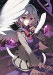  1girl bow bowtie brooch commentary_request crystal dress falling_feathers feathered_wings feathers grey_hair highres jacket jewelry kishin_sagume looking_at_viewer medium_hair niko_kusa open_clothes open_jacket purple_dress red_bow red_bowtie red_eyes signature single_wing solo touhou white_feathers white_wings wings yellow_jacket 
