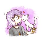  +++ 1girl :3 airiasamaoxo amity_blight animal_on_arm cat closed_eyes closed_mouth commentary crescent crescent_necklace earrings english_commentary eyelashes ghost_(the_owl_house) heart highres holding holding_toy holding_virtual_pet jewelry motion_lines necklace pointy_ears purple_hair short_hair signature smile the_owl_house toy virtual_pet_(toy) yellow_eyes 