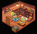  1boy 1girl blonde_hair book bottle commentary cup drinking_glass english_commentary goombella indoors light_bulb long_hair mario_(series) mining_helmet no_humans paper_mario:_the_thousand-year_door paper_mario_(series) ponytail professor_frankly starshipxnaut statue teeth white_hair 