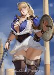  1girl absurdres ahoge armor blue_eyes boots breasts brown_boots cleavage closed_mouth dress eyebrows_hidden_by_hair highres holding holding_shield holding_sword holding_weapon large_breasts laurels long_hair looking_at_viewer panties pantyshot pauldrons shield shoulder_armor sisqueira smile solo sophitia_alexandra soulcalibur sword underwear vambraces weapon white_dress white_panties 