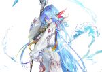  1girl absurdres blue_eyes blue_hair colored_eyebrows commentary cowboy_shot cropped_jacket fins from_side hair_between_eyes head_fins high-waist_pants highres holding holding_staff holding_weapon hydrokinesis jacket long_hair long_sleeves looking_at_viewer multicolored_hair open_mouth original pants puffy_long_sleeves puffy_sleeves red_streaks seo_l_(f2dca50e59c346) simple_background solo staff standing streaked_hair tassel triangle_print very_long_hair water weapon white_background white_jacket white_pants 