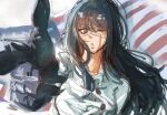 1girl absurdres aiming american_flag black_hair blunt_bangs buttons chainsaw_man cross_scar elbow_gloves eyelashes finger_gun foreshortening gloves hair_over_shoulder highres keycl0verr long_hair long_sidelocks one_eye_closed ringed_eyes scar scar_on_cheek scar_on_face scar_on_nose shirt sidelocks torn_clothes torn_shirt white_shirt yoru_(chainsaw_man) 