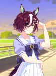 1girl absurdres animal_ears artist_request back_bow bare_arms bleachers blue_bow blue_bowtie blue_shirt blue_sky bow bowtie brooch brown_hair card_(medium) card_commentary cloud collarbone commentary cowboy_shot dot_nose ear_ornament eyelashes eyepatch game_asset grin hair_between_eyes hand_on_own_head hand_on_own_hip happy high-waist_skirt highres horse_ears horse_girl horse_tail horseshoe_ornament jewelry lamppost light_blush long_hair_between_eyes looking_at_viewer loose_hair_strand multicolored_hair official_art outdoors pleated_skirt puffy_short_sleeves puffy_sleeves school_uniform shirt short_hair short_sleeves skirt sky smile solo standing streaked_hair summer_uniform sunset tail tanino_gimlet_(umamusume) third-party_source tracen_school_uniform track_and_field tree two-tone_shirt umamusume v-shaped_eyebrows white_shirt white_skirt yellow_eyes 
