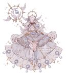  1girl angel_wings boots breasts cleavage closed_mouth crescent dress fingerless_gloves floating floating_hair frilled_dress frilled_sleeves frills gem gloves gold_halo gold_thighlet gold_trim grey_dress grey_eyes hair_ornament halo head_wings high-low_dress high_collar high_heel_boots high_heels highres holding holding_staff jewelry kneehighs layered_dress littlebluemuffin long_hair mage_staff medium_breasts multiple_wings necklace original pearl pearl_necklace puffy_short_sleeves puffy_sleeves ribbon short_sleeves single_kneehigh single_sock single_thighhigh socks sparkle staff string_of_pearls thighhighs thighlet valkyrie very_long_hair watermark white_background white_boots white_hair white_wings wings 