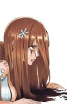  1girl akahara_(akaharaillust) bleach bleach:_sennen_kessen-hen blood blood_from_forehead blood_from_mouth blood_on_face blood_on_ground blue_collar breasts brown_eyes brown_hair close-up collar commentary crop_top detached_sleeves dirty dirty_face english_commentary eyelashes from_side hair_ornament hairclip head_back highres inoue_orihime invisible_floor large_breasts long_hair looking_to_the_side lying on_floor on_stomach orange_hair serious shirt simple_background straight_hair torn_clothes torn_sleeves white_background white_shirt 
