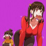  2girls all_fours ass_shake big_sister_(navigavi) blush bowl bread_bun breasts brown_hair cheek_bulge chewing child cleavage closed_eyes collarbone commentary crying eating eyelashes facing_to_the_side food_in_mouth gradient_eyes grey_pants hair_tie highres holding holding_bowl jun_(navigavi) large_breasts little_sister_(navigavi) long_hair long_sleeves looking_to_the_side motion_lines multicolored_eyes multiple_girls nose open_mouth orange_eyes orange_sweater original pants purple_background red_shirt shirt short_hair siblings sidelocks simple_background sisters sparkling_eyes streaming_tears sweater taut_clothes taut_shirt tears topknot turtleneck turtleneck_sweater twintails upper_body v-neck 