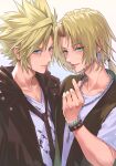  2boys aqua_eyes bead_bracelet bead_necklace beads black_coat black_necktie black_vest blonde_hair blue_eyes bracelet closed_mouth cloud_strife cloud_strife_(urban_wolf) coat commentary_request dissidia_duellum_final_fantasy dissidia_final_fantasy earrings final_fantasy final_fantasy_ix final_fantasy_vii hair_between_eyes highres ibmiola jewelry light_smile long_hair looking_at_viewer loose_necktie low_ponytail male_focus multiple_boys necklace necktie official_alternate_costume parted_bangs parted_lips ponytail print_shirt shirt short_hair simple_background spiked_hair upper_body vest white_shirt wristband zidane_tribal zidane_tribal_(vacationing_thief) 