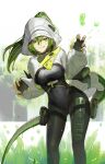  1girl absurdres arknights arknights:_endfield black_bodysuit black_gloves bodysuit breasts claw_pose commentary covered_navel feet_out_of_frame fingerless_gloves fluorite_(arknights) gloves green_eyes green_hair green_tail hair_through_hood haro_(har_illust) highres hood hood_up hooded_shrug leaning_to_the_side licking_lips long_sleeves looking_at_viewer medium_breasts ponytail pouch puffy_long_sleeves puffy_sleeves shrug_(clothing) snake_girl snake_tail solo standing tail thigh_pouch tongue tongue_out white_shrug 