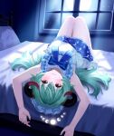  1girl absurdres animal_ears arang_2709 arms_up bed blanket blush closed_mouth commentary_request crescent_print curled_horns dress frills full_body full_moon goat_ears goat_girl green_hair hair_spread_out highres horns indoors iroi_(nte) iroi_(starlit_night)_(nte) knees_up korean_commentary light_rays long_hair looking_at_viewer lying lying_upside-down maid_headdress moon moon_print moonbeam moonlight neverness_to_everness official_alternate_costume on_back on_bed pillow purple_eyes red_horns short_dress sky sleeveless sleeveless_dress smile solo sparkle_print star_(sky) starry_sky white_dress white_headdress window window_shadow 