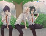  3boys absurdres black_pants blonde_hair blue_eyes blue_hair cellphone closed_mouth commentary dress_shirt eating english_commentary facial_mark food forehead_mark genshin_impact green_hair hand_on_another's_shoulder highres holding holding_food holding_ice_cream holding_phone ice_cream kaedehara_kazuha male_focus medium_hair multicolored_hair multiple_boys necktie open_mouth pants phone red_necktie red_streaks scaramouche_(genshin_impact) shirt sitting smartphone streaked_hair tetsuffy_(tetsulul) tree twitter_username wanderer_(genshin_impact) white_shirt xiao_(genshin_impact) 