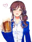  1girl alcohol beer beer_mug blue_jacket blush brown_hair buttons collarbone commentary_request cup dainatsu dress_shirt eyebrows_visible_through_hair hair_ornament hair_scrunchie heart highres holding holding_cup jacket long_hair long_sleeves looking_at_viewer mole mole_under_mouth mug noel_(tsukihime) open_clothes open_jacket open_mouth ponytail purple_scrunchie scrunchie shirt side_ponytail sidelocks simple_background smile solo tongue tsukihime tsukihime_(remake) upper_body white_background white_shirt yellow_eyes 