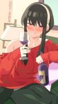 1girl absurdres alcohol artist_name bed black_hair blush bottle breasts commentary cup drink drinking_glass drunk english_commentary gold_hairband hairband highres holding holding_bottle holding_cup lamp long_hair looking_at_viewer nisego pants red_eyes red_sweater single_bare_shoulder sitting smile solo spy_x_family sweater upper_body white_hairband wine wine_bottle wine_glass yor_briar 