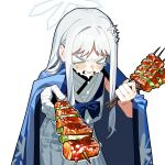  >_< 1girl absurdres bandaged_arm bandages blue_archive blue_haori blush clenched_hand clenched_teeth commentary_request feeding_viewer food furrowed_brow hair_ornament halo haori highres holding holding_skewer incoming_gift japanese_clothes korean_commentary long_hair nagusa_(blue_archive) ruppu shirt simple_background skewer skirt snowflake_hair_ornament solo tearing_up teeth white_background white_hair white_halo white_shirt white_skirt yakitori 