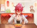  >_< 2girls absurdres animal_ears blue_eyes blush breasts cafe cleavage commentary dols_art english_commentary english_text food hakos_baelz halo heterochromia highres hololive hololive_english horns irys_(hololive) long_hair mapo_tofu mouse_girl mr._squeaks_(hakos_baelz) multicolored_hair multiple_girls pointing pointing_at_another pointy_ears red_hair sitting spicy streaked_hair virtual_youtuber wings 
