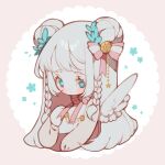 1girl angel_wings bell blue_eyes blue_flower blue_petals blush_stickers bow bowtie braid chain closed_mouth commentary dot_mouth double_bun falling_petals feathered_wings flower gold_chain hair_bell hair_bow hair_bun hair_flower hair_ornament heart heart-shaped_pupils highres jingle_bell littlebluemuffin long_hair long_sleeves original petals pink_bow pink_bowtie side_braids sparkle symbol-shaped_pupils untranslatable_commentary upper_body white_hair wings 