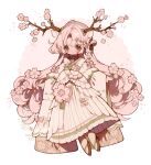  1girl animal_ears antlers bag blush brown_eyes cherry_blossoms clover clover_hair_ornament commentary curled_ends curly_ends deer_antlers deer_ears deer_girl flower four-leaf_clover full_body geta green_sash hair_flower hair_ornament hairclip hakama hakama_skirt highres horns japanese_clothes kimono layered_clothes layered_sleeves littlebluemuffin long_hair long_sleeves lying obi on_side original pink_bag pink_hair sash shoes skirt tree_horns untranslatable_commentary very_long_hair watermark white_background white_kimono wide_sleeves 