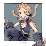  1boy bad_id bad_pixiv_id bare_shoulders belt black_belt blonde_hair border cat_tail cropped_vest dagger dated dual_wielding earrings feet_out_of_frame final_fantasy final_fantasy_ix gloves goggles goggles_around_neck grey_background grey_eyes grey_gloves highres holding holding_dagger holding_knife holding_weapon jewelry knife long_hair low_ponytail male_focus midriff_peek nobu_(25mark) parted_lips ponytail solo tail vest weapon white_border zidane_tribal 