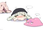  2girls bang_dream! bang_dream!_it's_mygo!!!!! blank_speech_bubble bocchi_the_rock! chain's commentary english_commentary gotoh_hitori gotoh_hitori_(tsuchinoko) green_hair highres melting monsterification multiple_girls simple_background speech_bubble sweat wakaba_mutsumi white_background yellow_eyes 